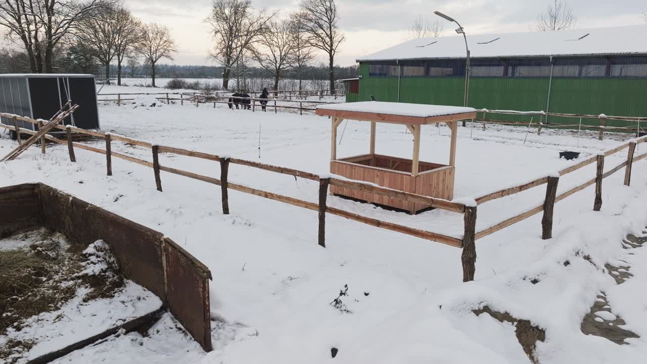 vista aérea de una granja nevada con caballos en el norte de alemania
