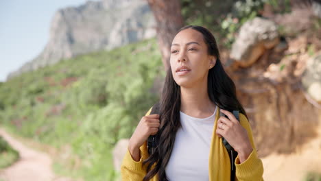 hiking, nature and woman on mountain