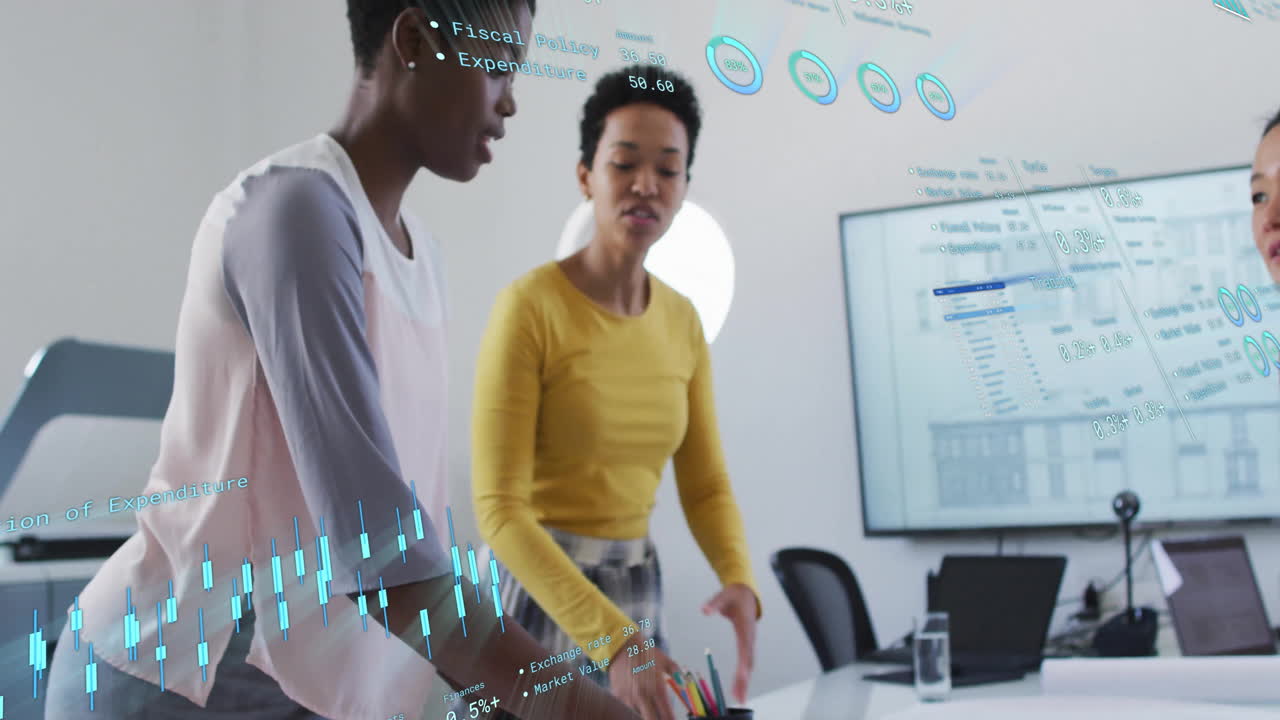 Animation of financial data processing over diverse business people in office