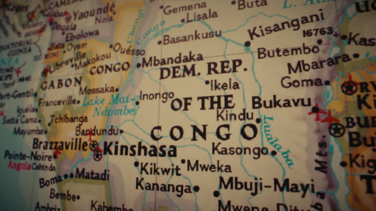 Close-up view of a map showing the Democratic Republic of Congo and surrounding Central African countries