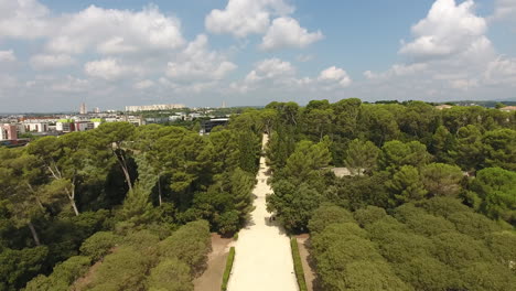 drone flying between trees towards a french formal garden domaine d'o. montpelli