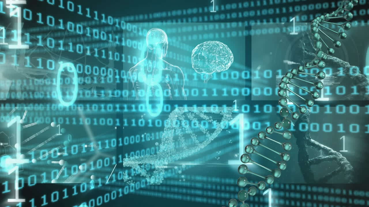 Digital animation of binary coding against medical data processing against green background