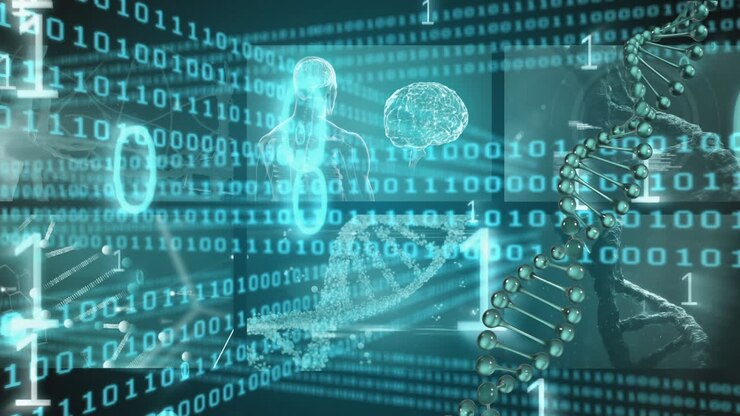 Digital animation of binary coding against medical data processing against green background