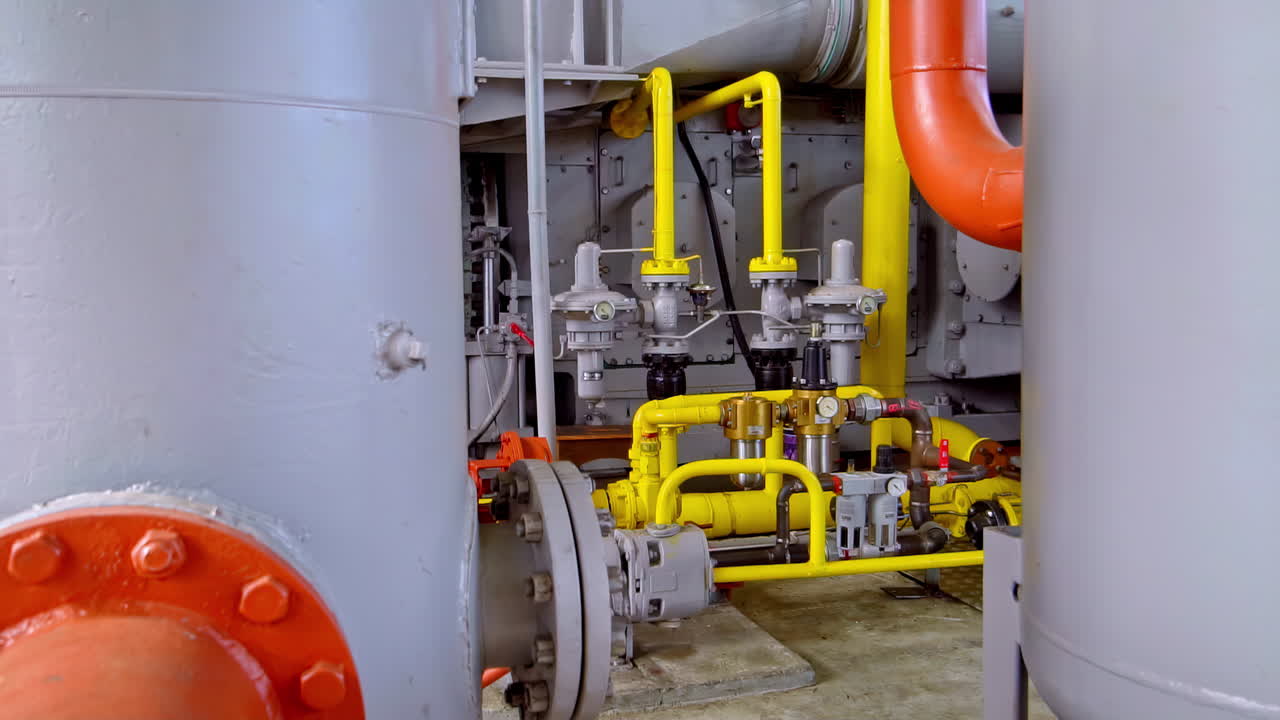 Section of an industrial gas pressure regulating station with compressor, pipes, and valves