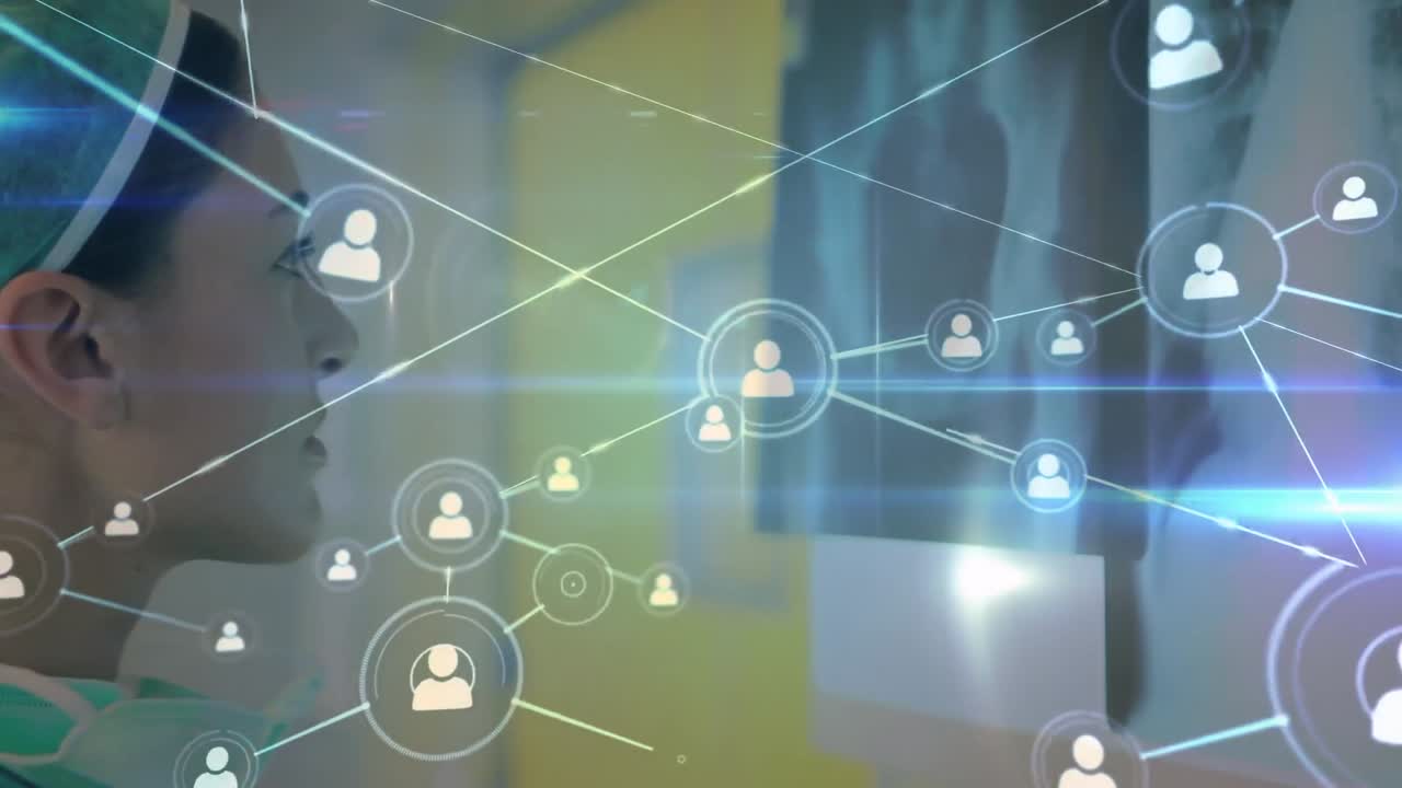 스레이 사진과 함께 백인 여성 의사에 대한 연결 네트워크의 애니메이션