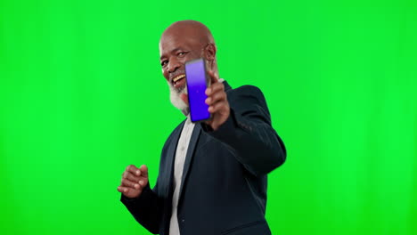 Green-screen,-phone-and-face-of-man-pointing-to