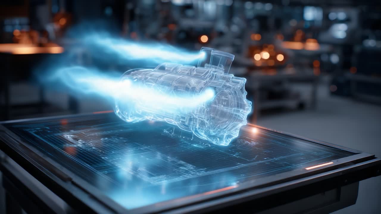 A Futuristic Display of an Advanced Engine Model in a High-Tech Workshop, Emphasizing Cutting-Edge Technology and Digital Innovation