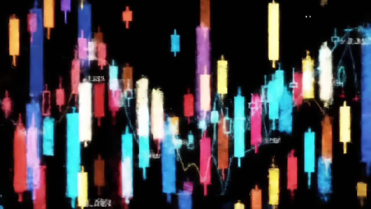 This clip features an engaging display of trading data with bright colors representing stock movements and market trends. The patterns reveal insights into investor behavior and market fluctuations.