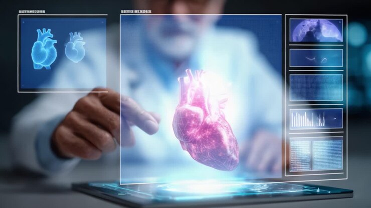Exploring Advanced Cardiology: A Medical Professional Analyzing a 3D Holographic Representation of the Human Heart During a Digital Health Examination