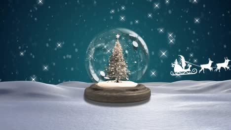 Animation-of-santa-claus-in-sleigh-with-reindeer-over-snow-globe-at-night