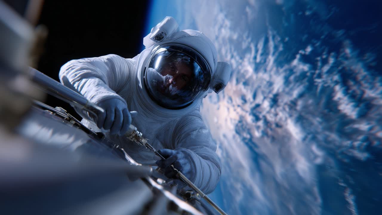 An astronaut performs a spacewalk outside of their spacecraft, showcasing the breathtaking view of Earth from an orbiting perspective in a high-definition scene