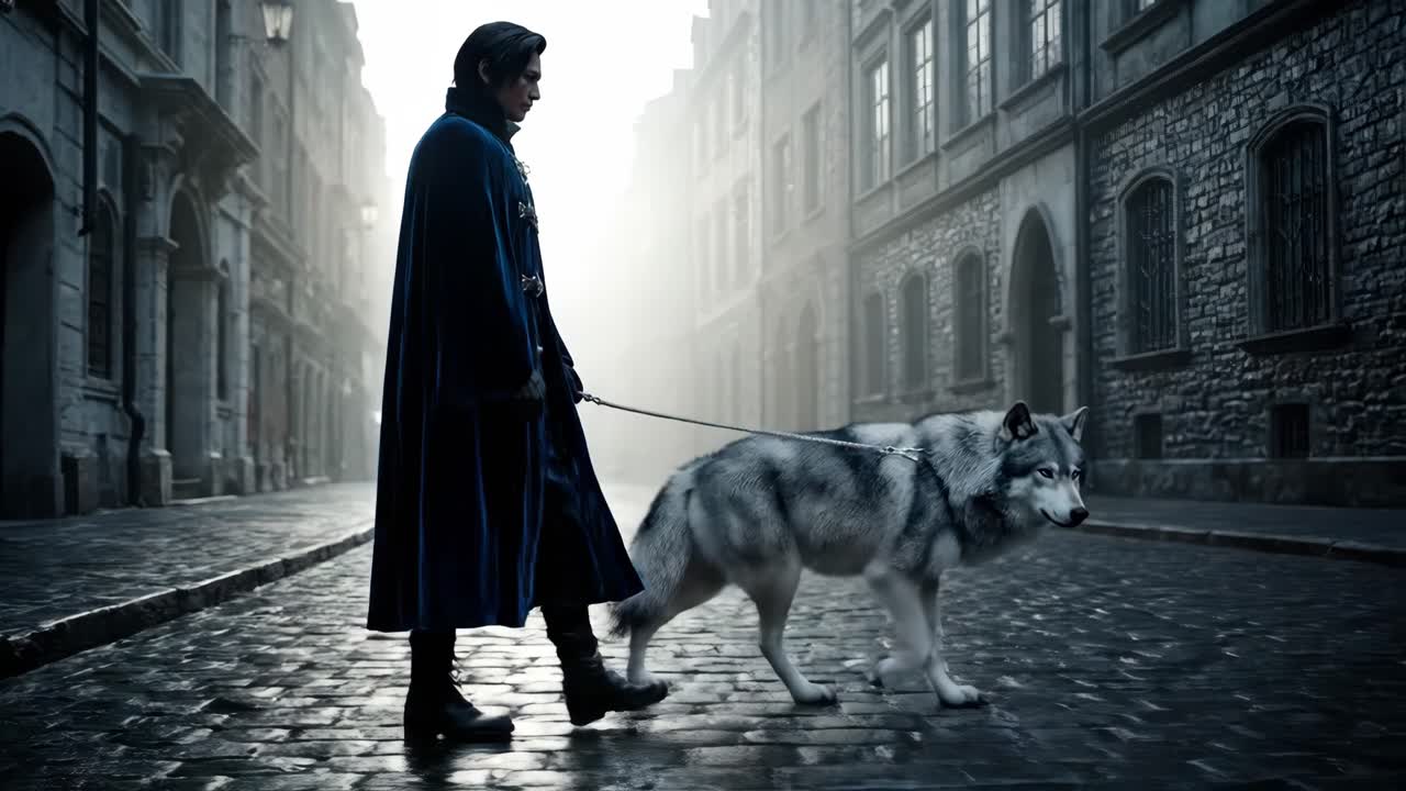 Man walking a wolf in a historical city