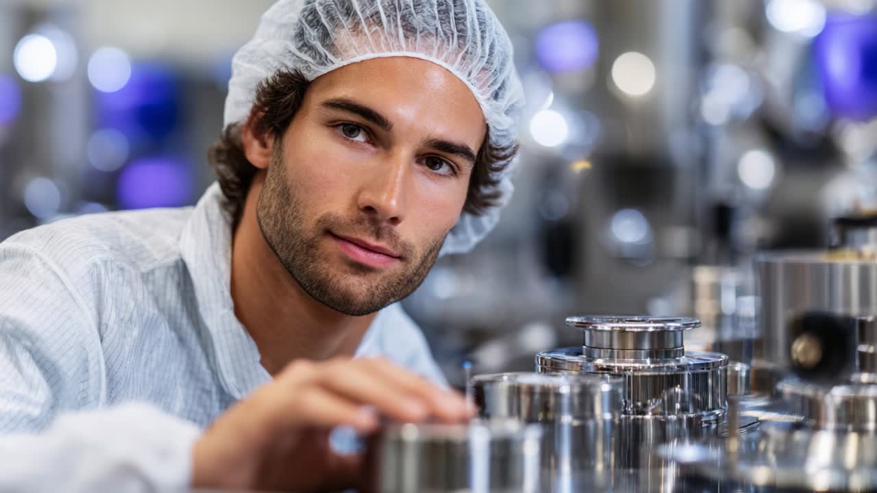 A focused individual in protective gear inspects metallic components in a modern industrial setting, showcasing quality control processes in a well-maintained manufacturing environment