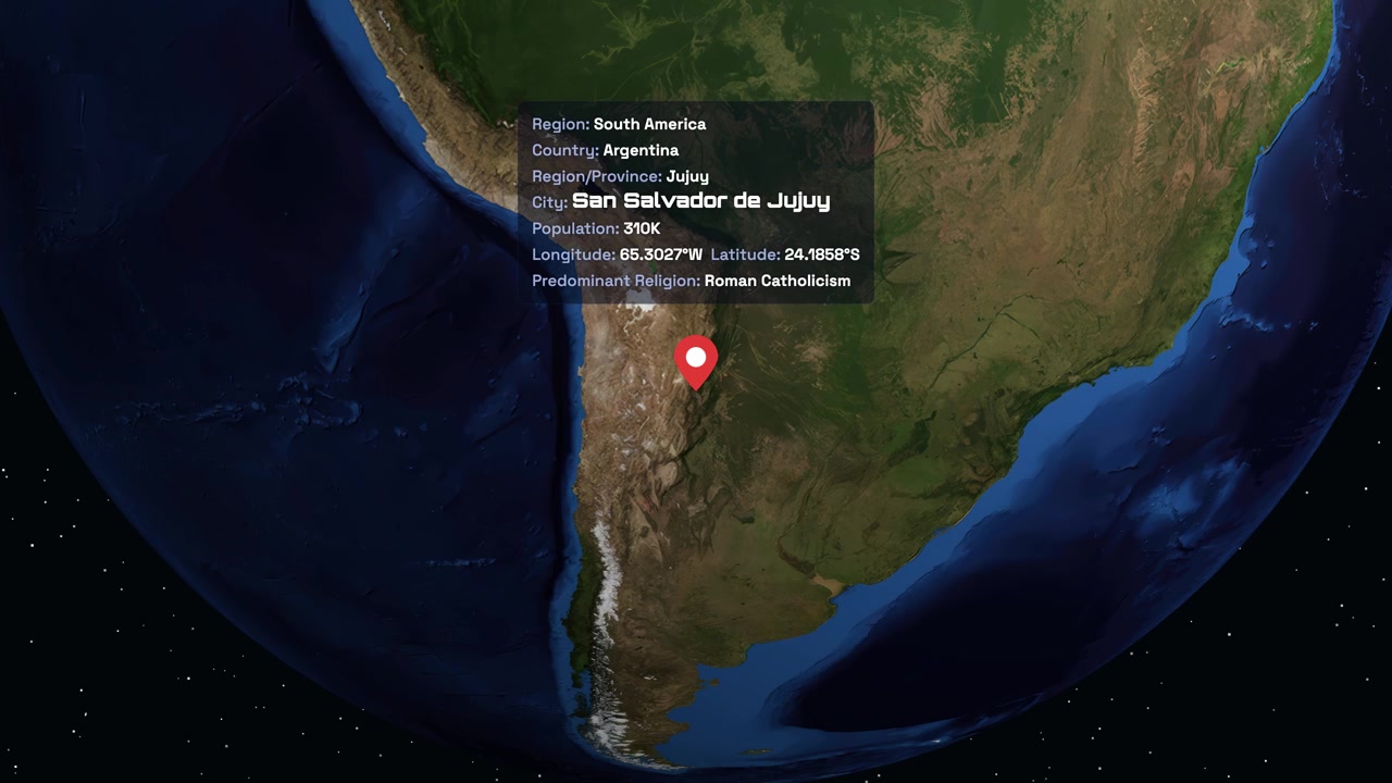 Digital globe rotates and zooms into South America, pinpointing San Salvador de Jujuy, Argentina