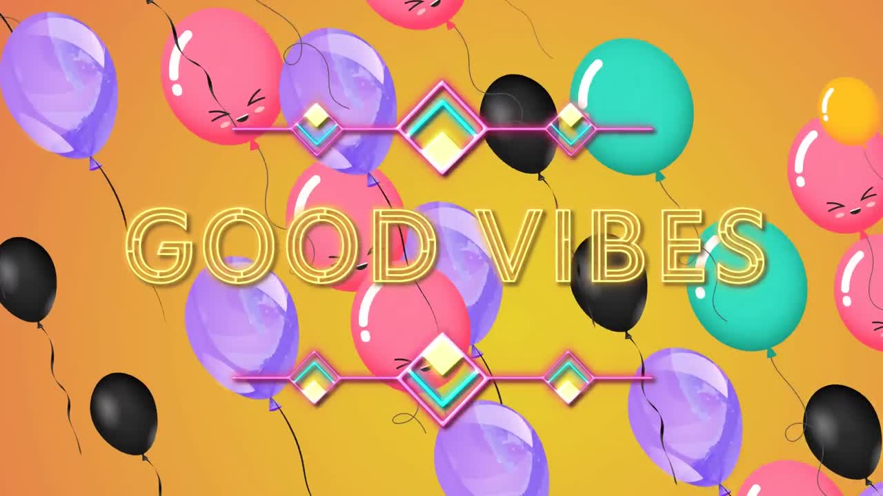 animación de las palabras buenas vibraciones en neón amarillo parpadeante con globos flotantes en naranja