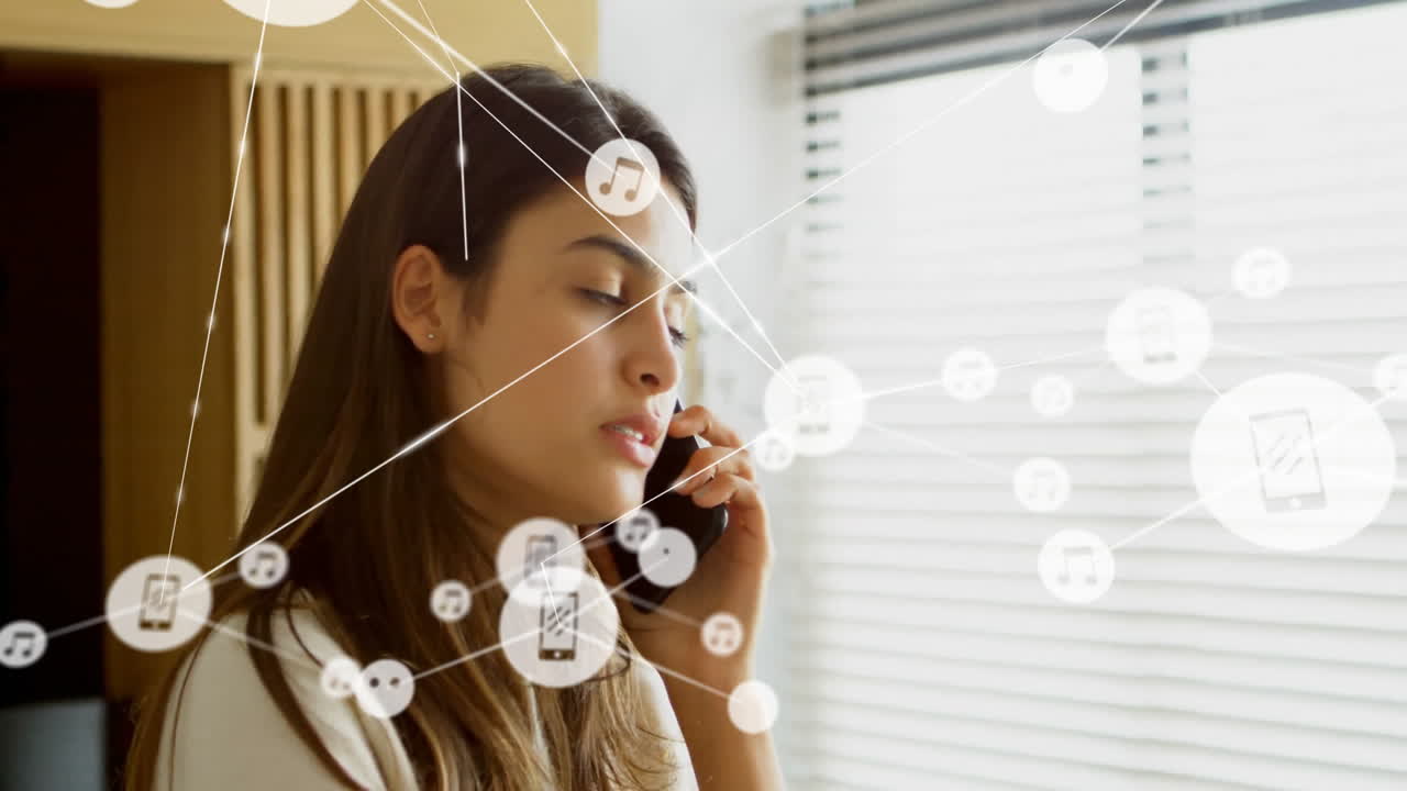 Woman speaking on smartphone indoors, showing animated network icons and music note overlays