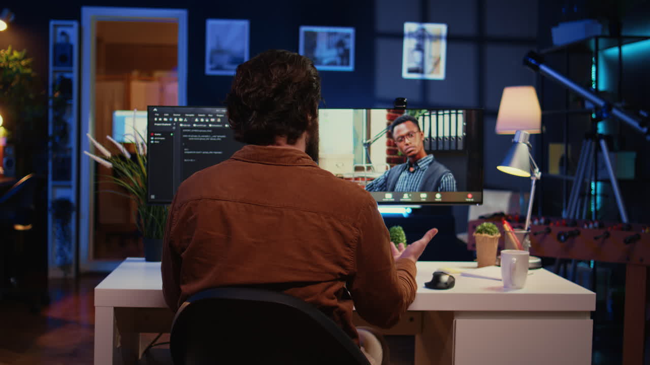 Remotely working software developer talking with manager during online videocall