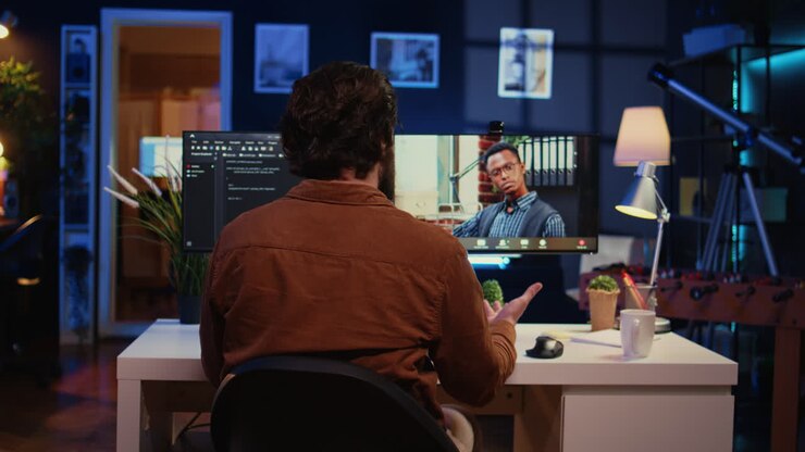Remotely working software developer talking with manager during online videocall