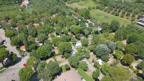 drone orbit around green trees near cisano san vito, lake garda, italy
