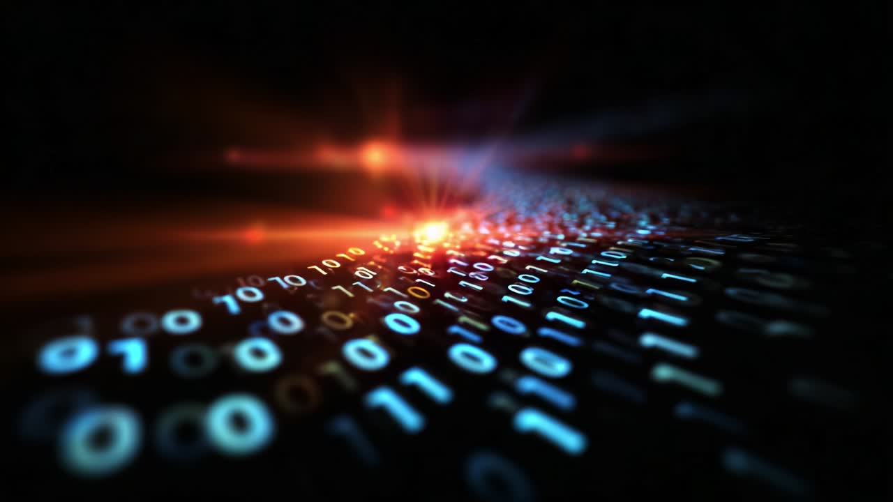 A Stunning Visual Representation of Binary Data Flow Through Digital Space, Highlighting the Dynamic Movement and Transformation of Information in a Futuristic Setting, Filled with Vibrant Colors and Lights