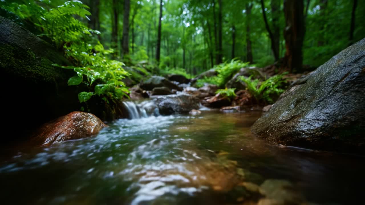 En fredfyldt strøm, der flyder gennem frodig, grøn skov og indfanger naturens skønhed med klart vand, sten og livligt løv i blødt, naturligt lys