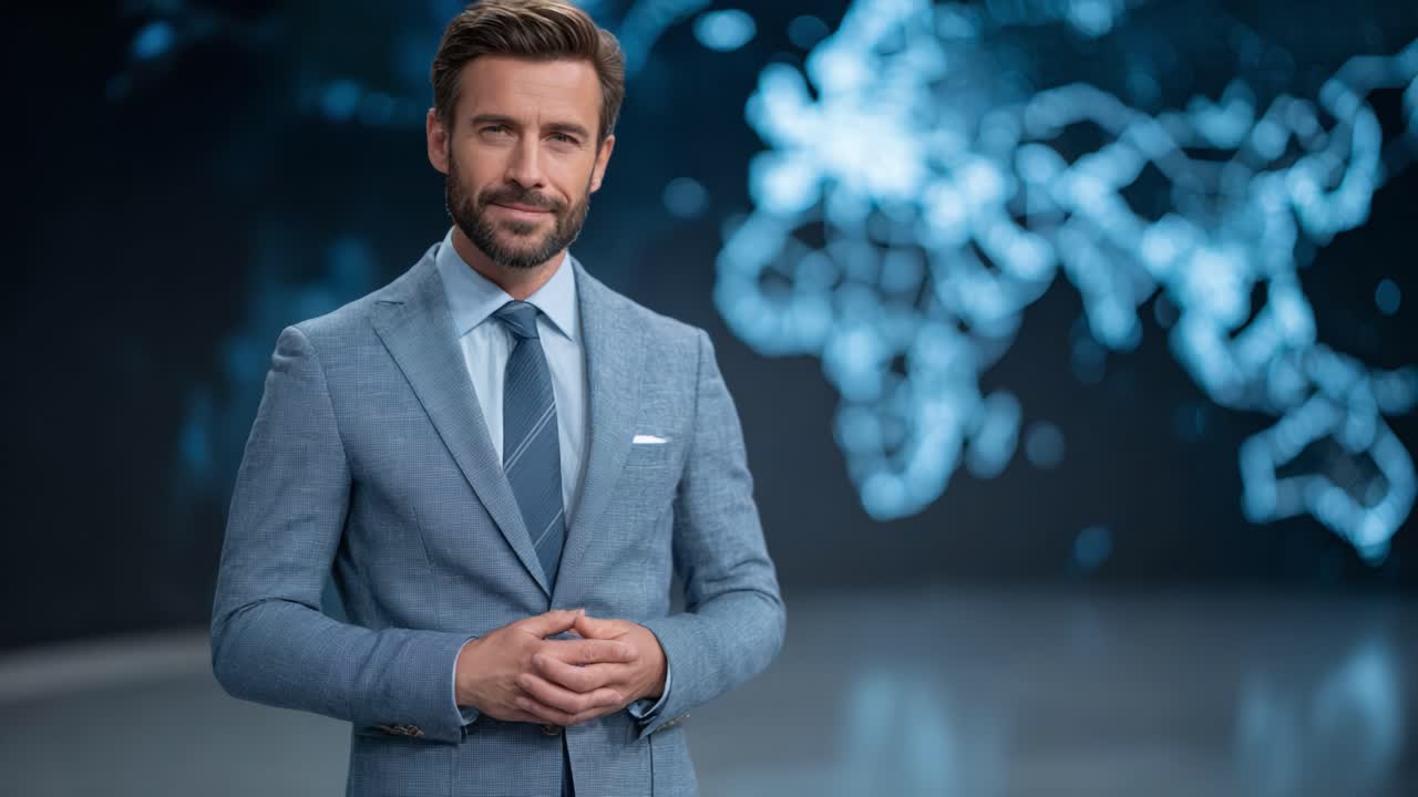 Professional Presenter Engaging Audiences with Global Insights in a High-Tech Studio Setting Featuring a Dynamic Digital World Map Background