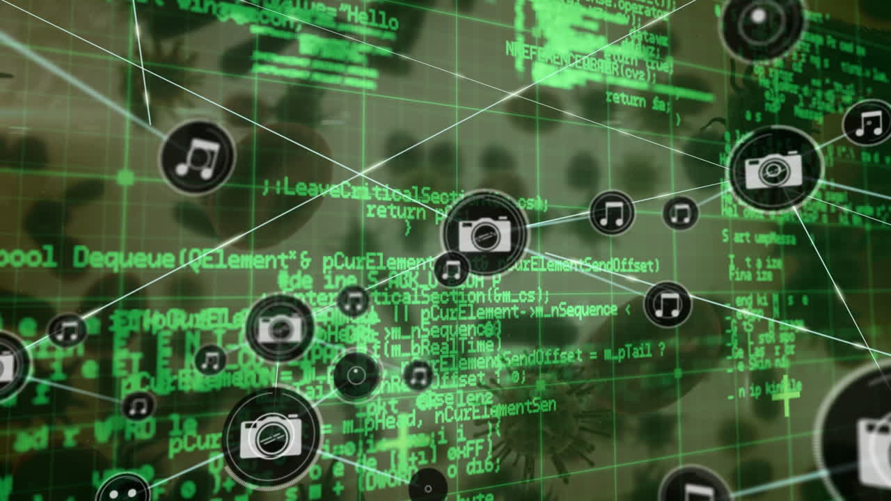 red de iconos digitales sobre red de rejilla contra covid-19 células y vasos sanguíneos flotantes