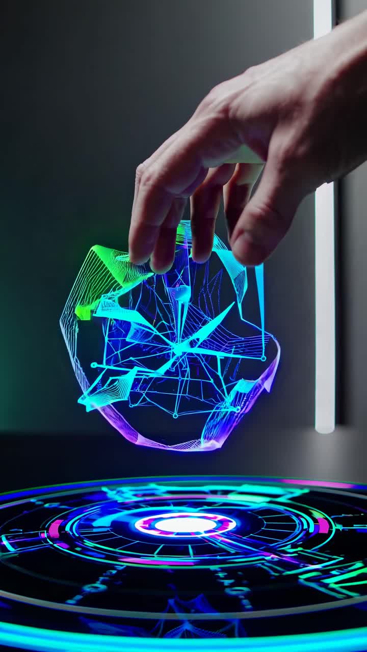 Human Hand Interacting with Futuristic Holographic Wireframe Projection