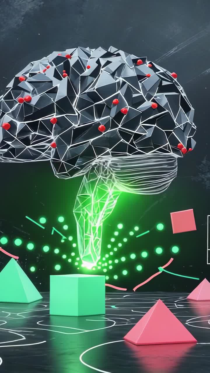 Vertical video: Sending green beams activating wireframe brain mesh on stage, from mint-green cube