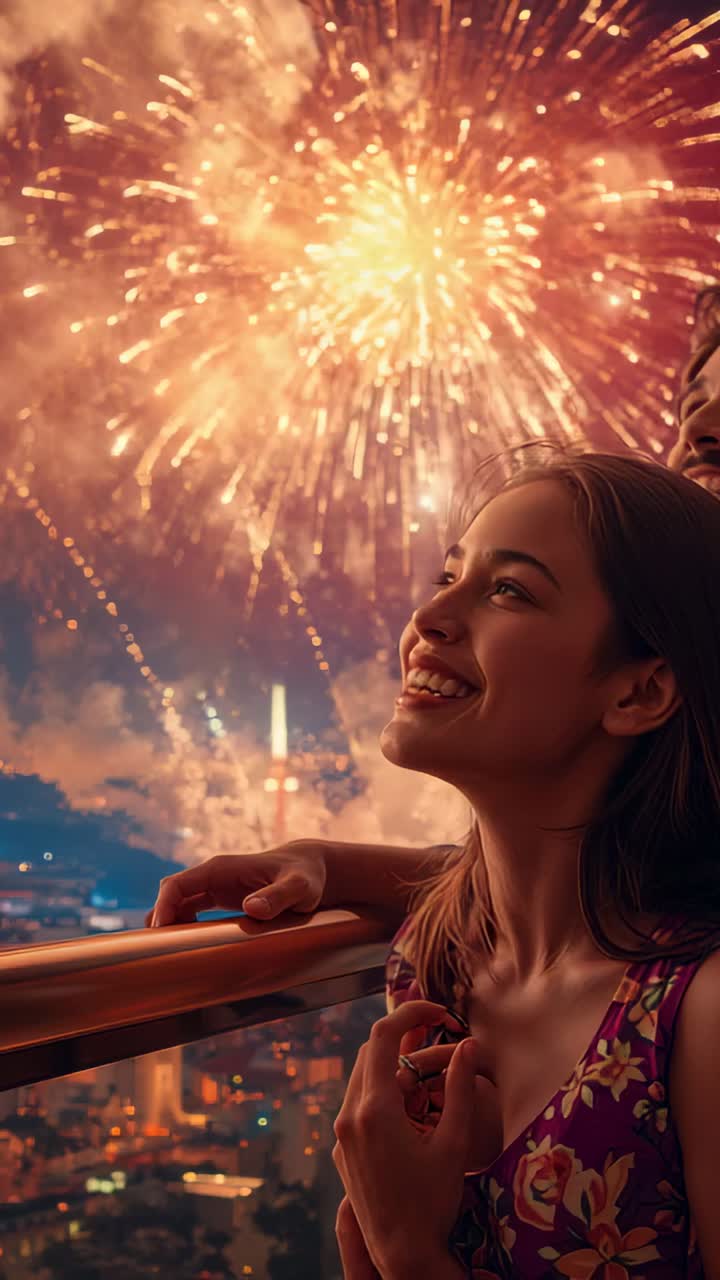 Vertical video: Watching fireworks bursting overhead, woman in dress leaning on balcony railing