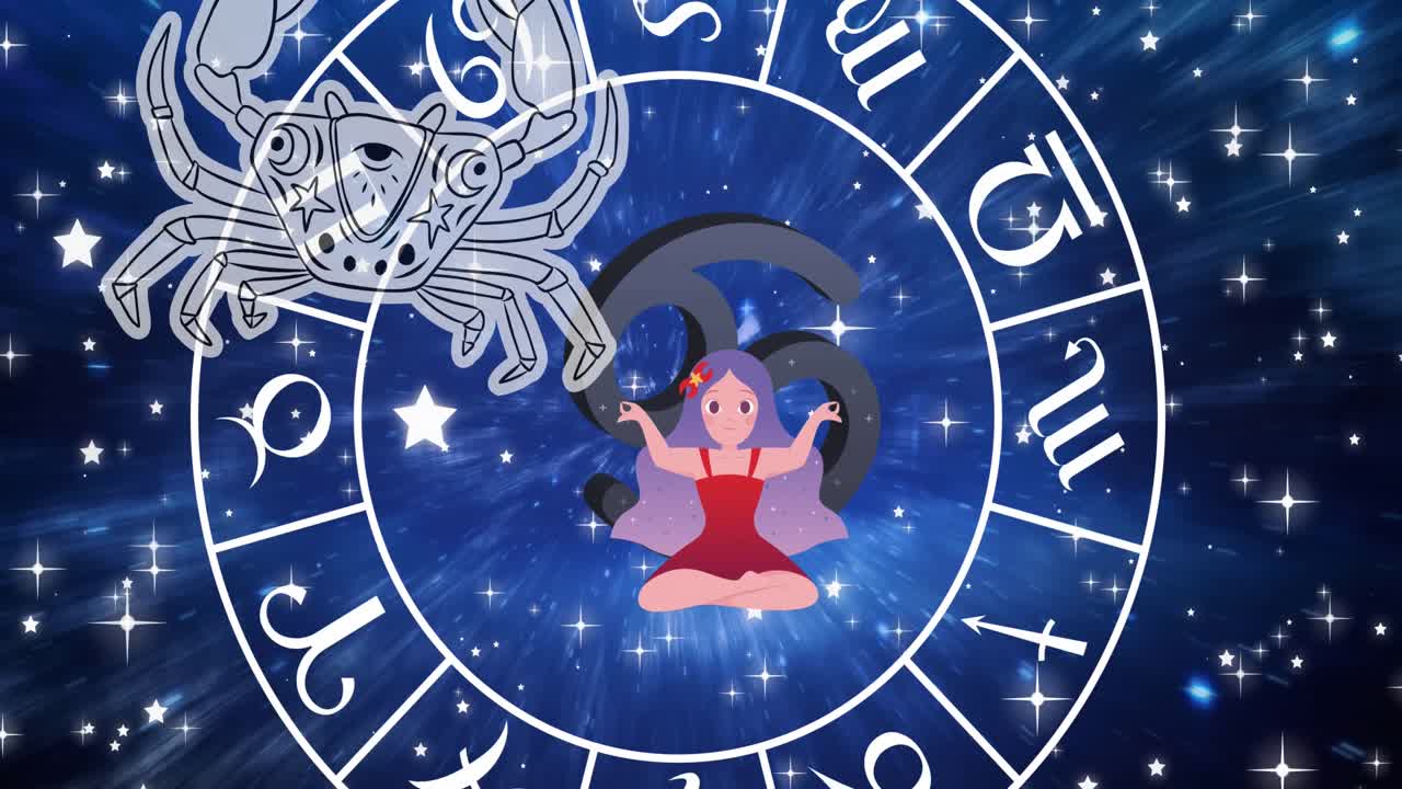 animación de los símbolos del horóscopo sobre las estrellas sobre fondo azul