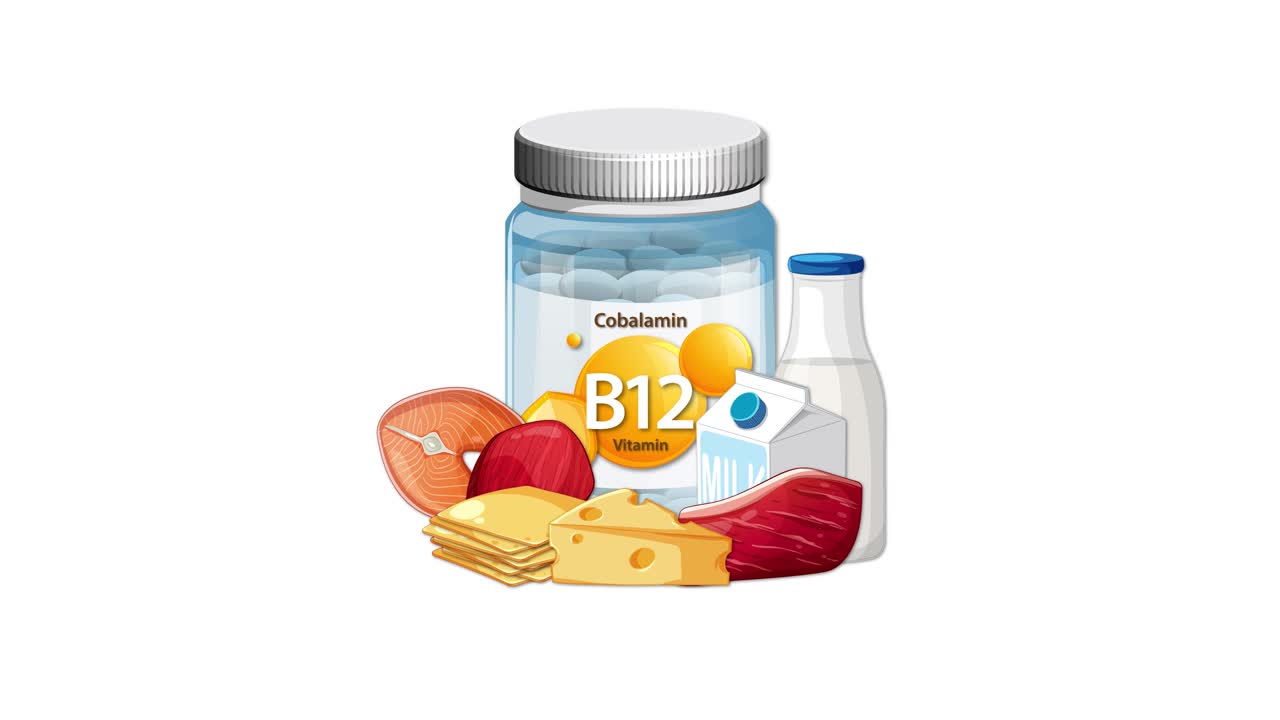 Vitamin B12 supplement bottle with milk, cheese, eggs, and meat on white background
