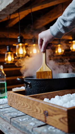 making maple taffy on snow in a rustic setting