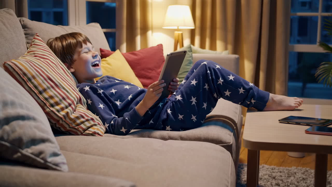 Boy using tablet on couch at home
