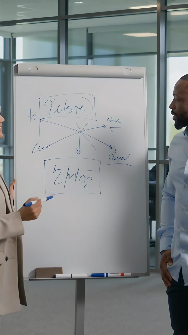 Vertical video: Starting presenter in beige blazer explaining flipchart at office with blue marker