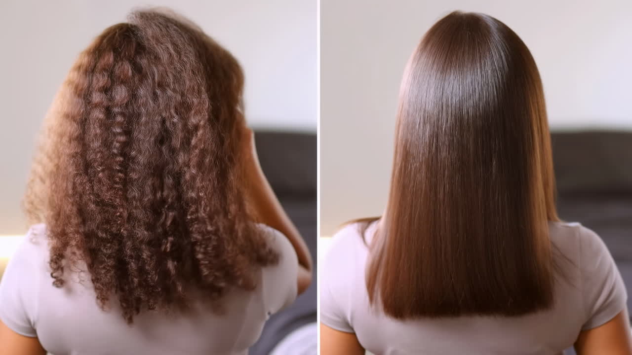 Woman's Hair Transformation from Curly to Straight