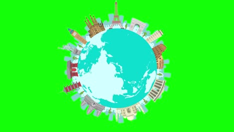 travel, vacation, sightseeing animation banner (4k) . world heritage and world famous buildings. green background for background transparent use.