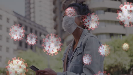 las células del coronavirus se están extendiendo por la mujer con la máscara.