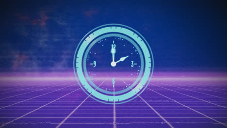 animación del efecto glitch sobre el reloj de neón y la red de cuadrícula púrpura contra fondo azul