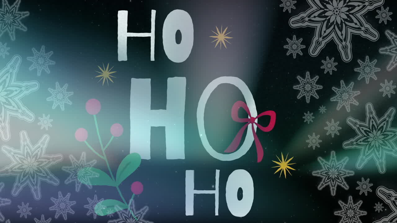 Ho text animation with Christmas decorations and snowflakes on dark background