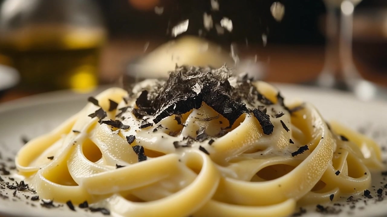 Parmigiano grattugiato cosparso su pasta cremosa al tartufo