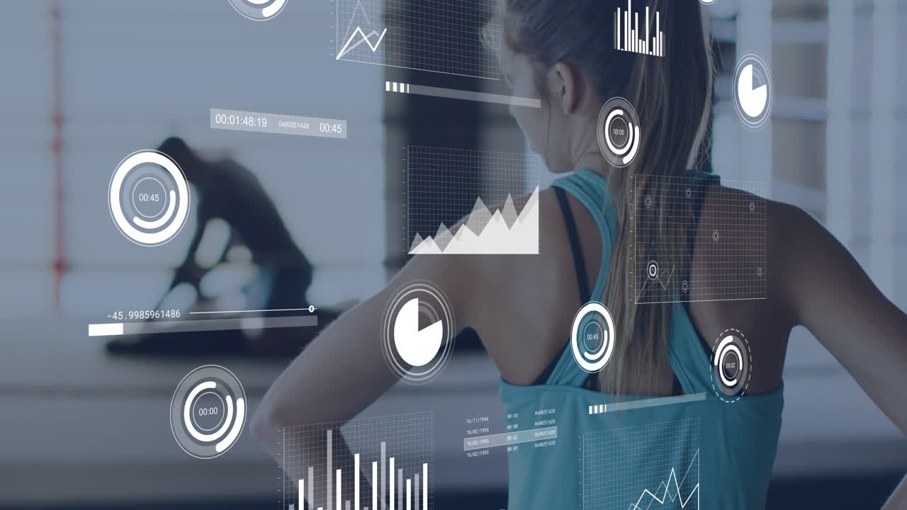 Woman hands on hips monitoring man starting cycling exercise animated gauges tracking fitness