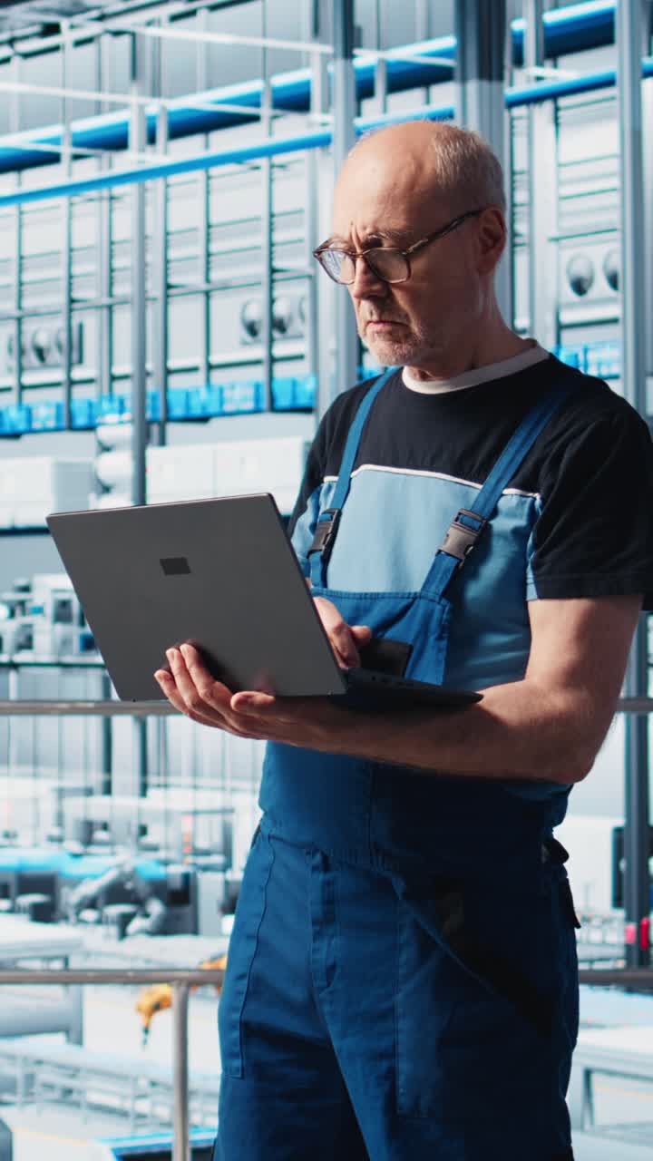 Vertikales Video: Leitender Ingenieur in Industrie 4.0 Industrieanlage automatisiert Robotermaschinen
