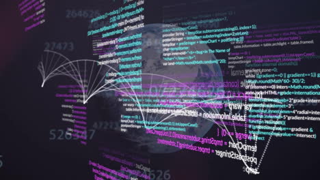 animation of dna strand, globe and data processing over dark background