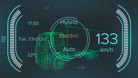 Animation of car panel over digital truck on black background
