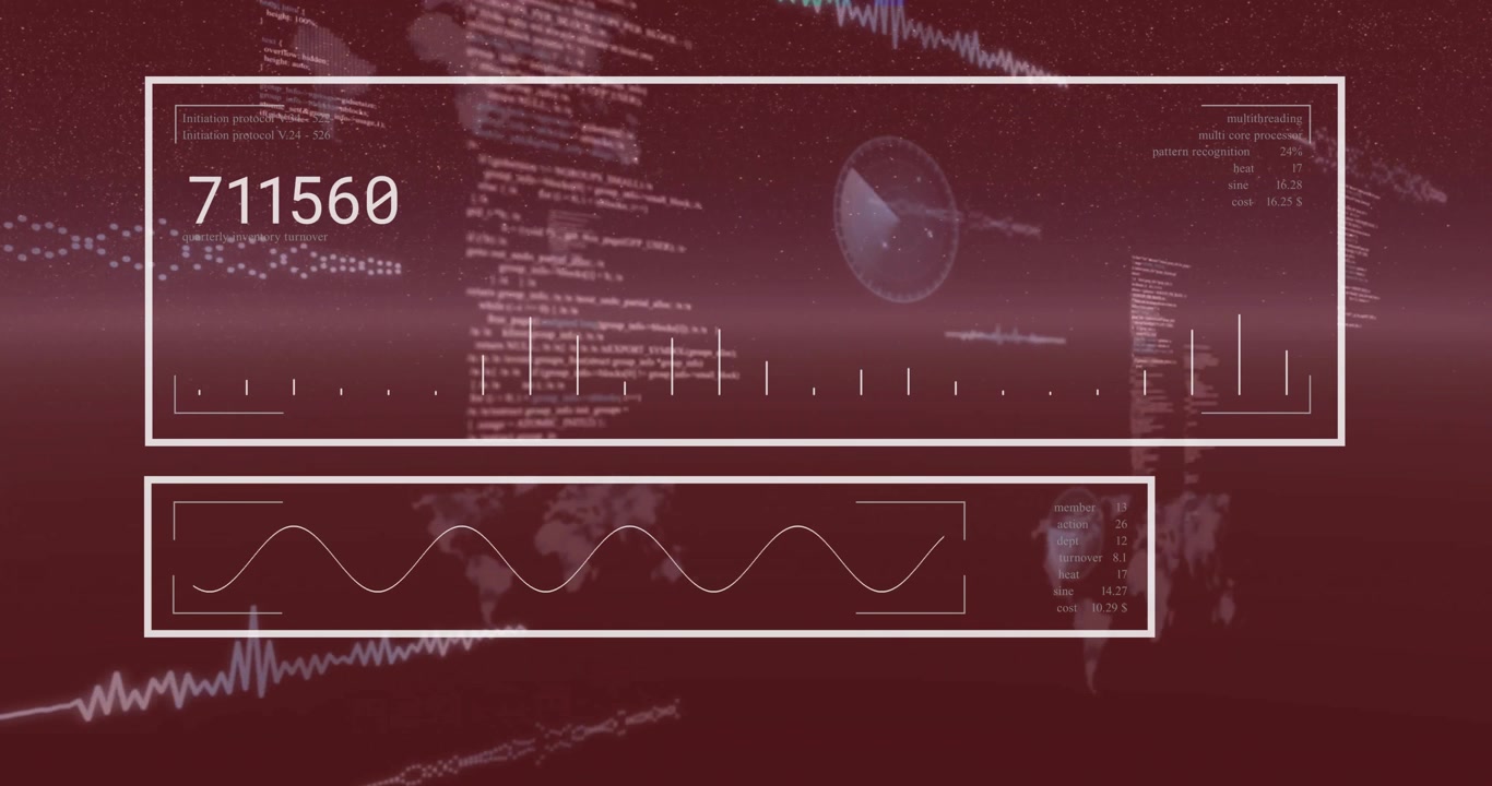 Data visualization and analysis over red background with numerical and graphical elements