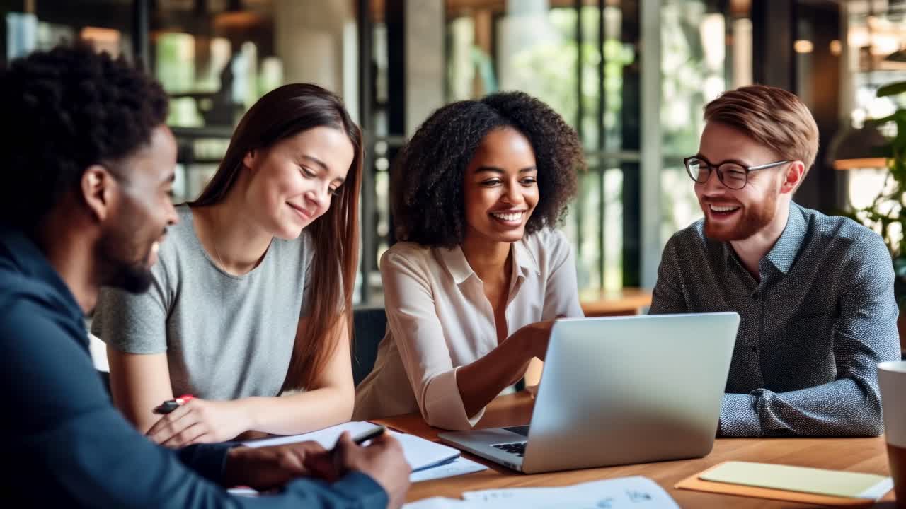 A lively group discusses ideas around a laptop in a modern office