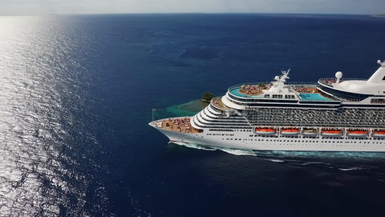 Aerial video captures a luxurious cruise ship sailing through the vast ocean