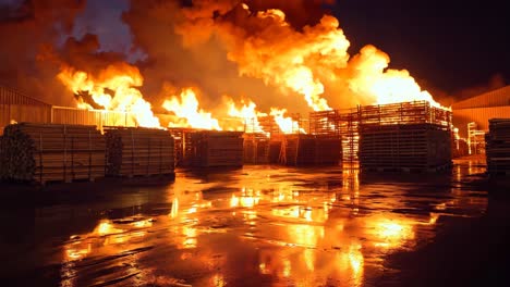 a large fire is raging in a warehouse at night