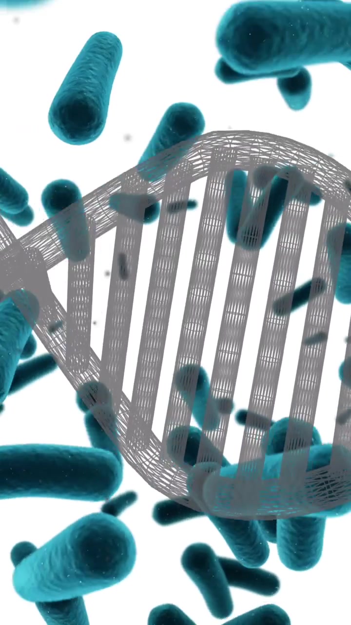 Animación de una hebra de ADN sobre células en un fondo blanco.